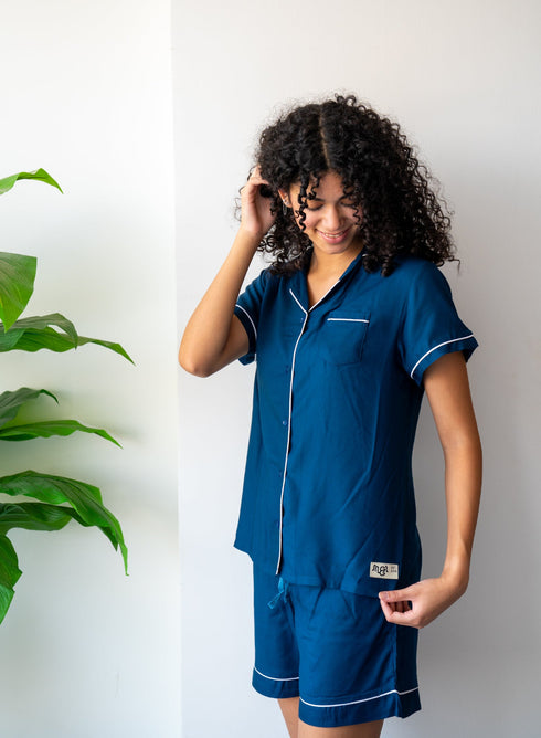Women Summer Pajama Set Petroleum Buttoned Shirt + Shorts